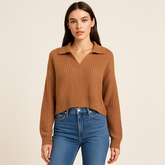 Rag & Bone NY Small Maxine Ribbed Polo Sweater in Camel Brown - Picture 1 of 10